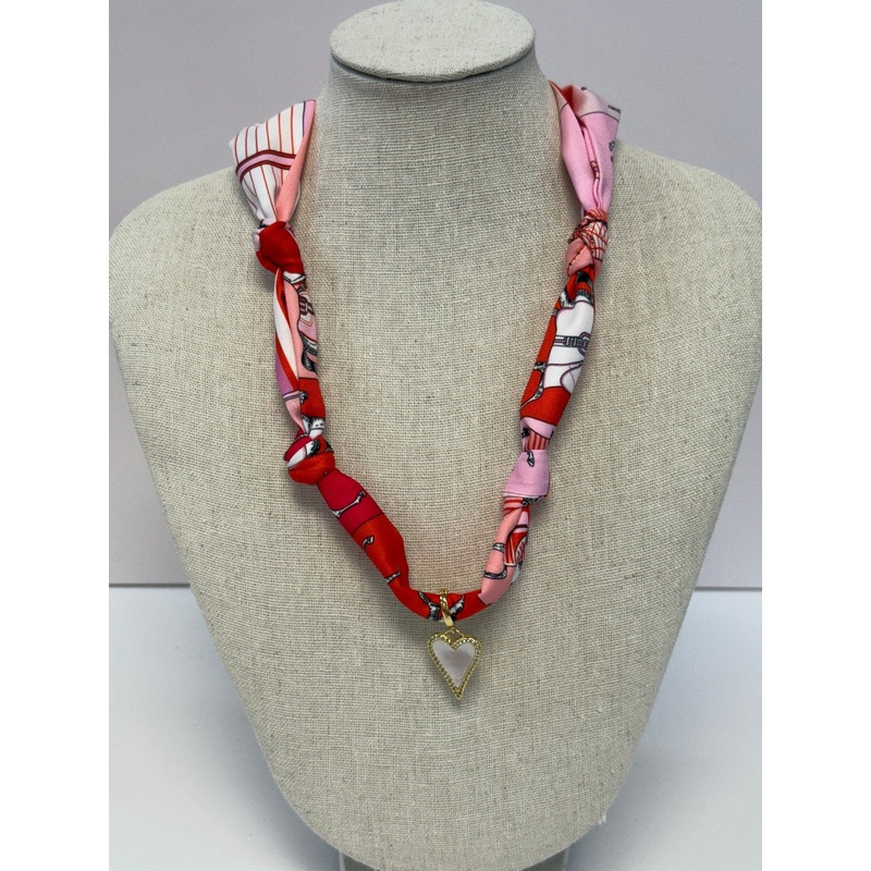 Scarf Necklace ~ Pink Horse Pattern: White Heart