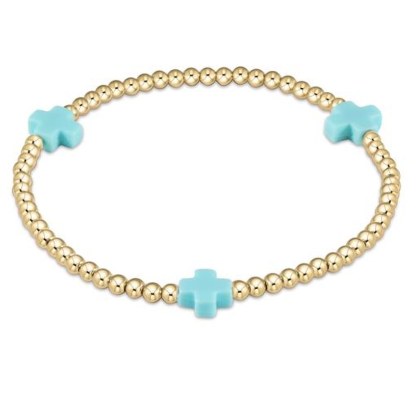 Signature Cross Gold Pattern 3mm Bead Bracelet – Turquoise