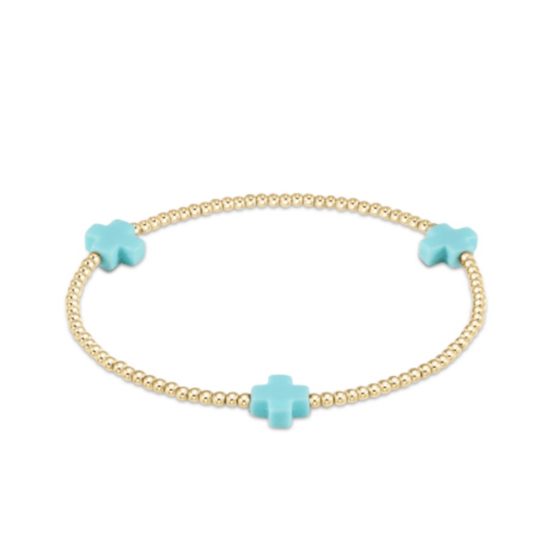 Signature Cross Gold Pattern 2mm Bead Bracelet – Turquoise
