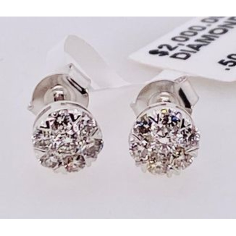 14K White Gold Diamond Cluster Earrings