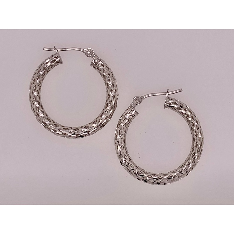 14K White Gold Diamond Cut Hoop Earrings
