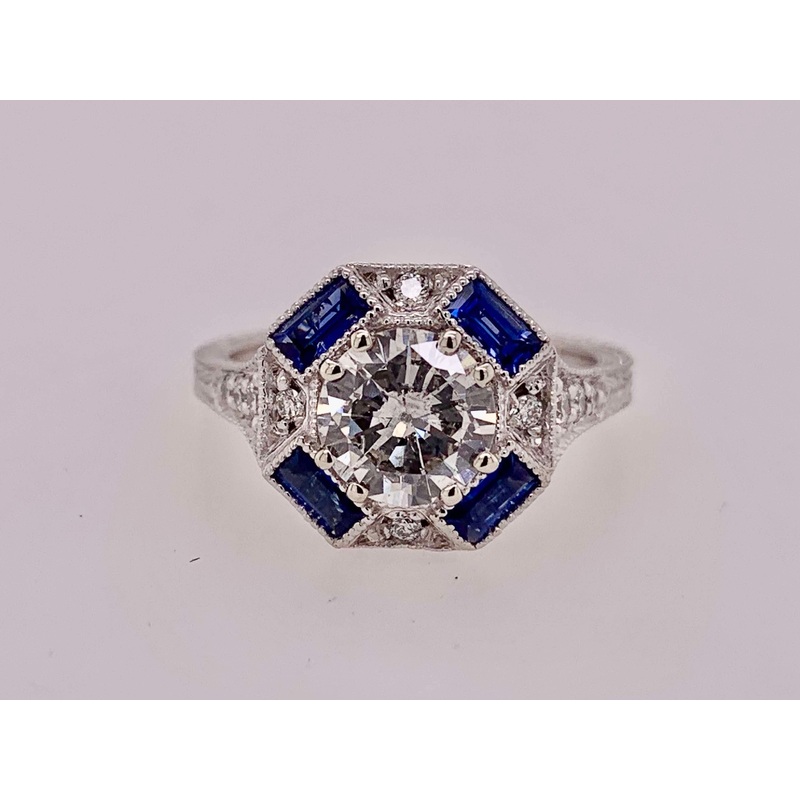 14K White Gold Diamond & Sapphire Antique Reproduction Ring