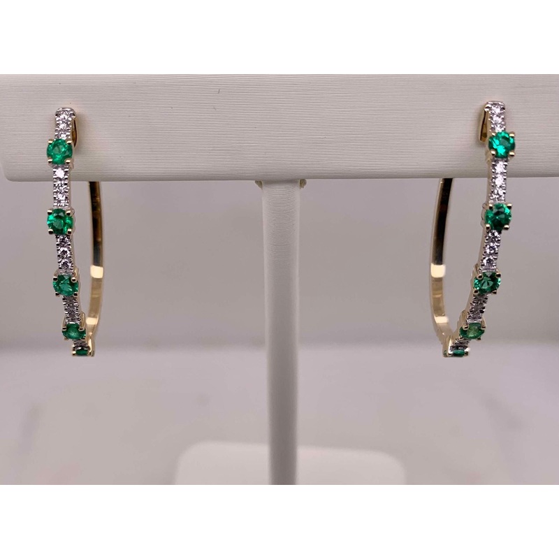 14K Emerald & Diamond Hoop Earrings