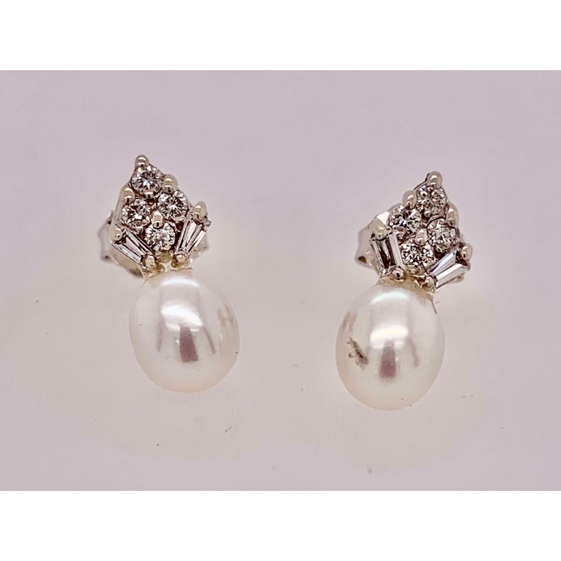 14K White Gold Diamond & Pearl Earrings