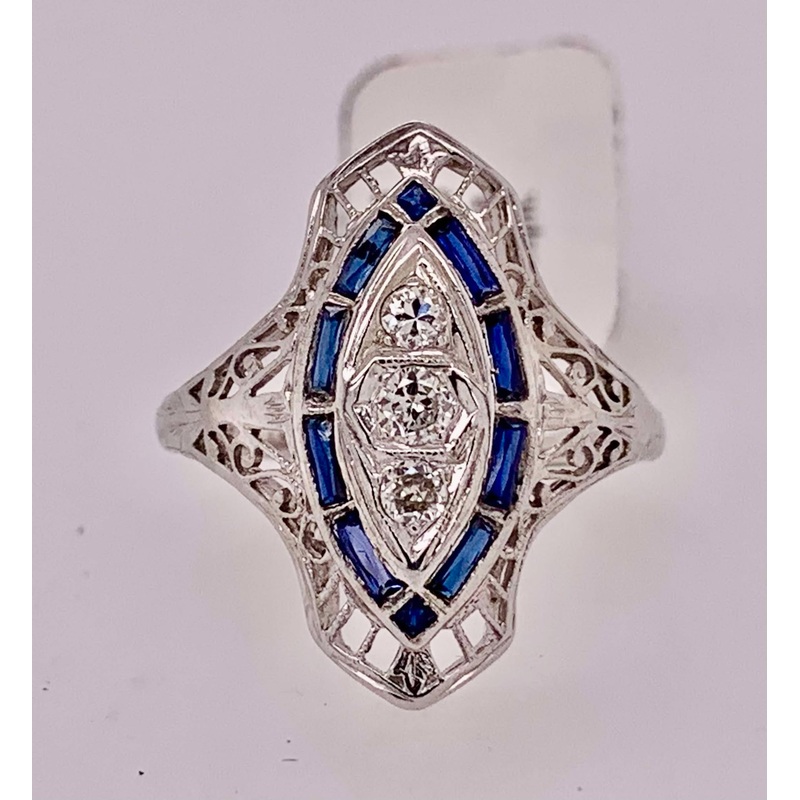 18K Estate Synthetic Sapphire & Diamond Ring