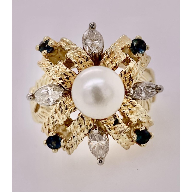 Estate Pearl, Diamond & Sapphire Ring