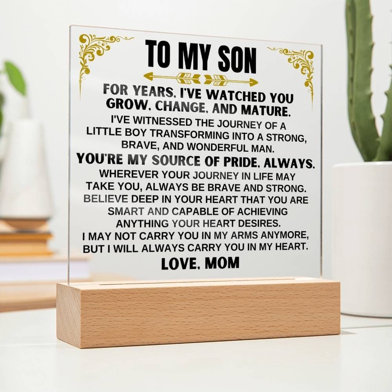Unique Gift for Son from Mom – Acrylic Plaque with LED-Lit Wooden Base – AC32