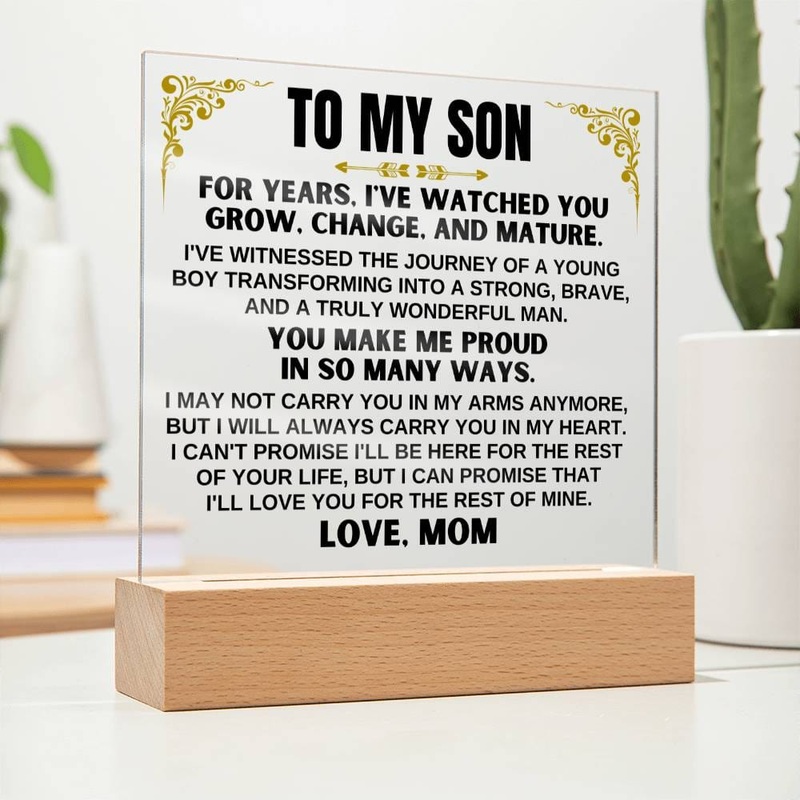 Unique Gift for Son from Mom – Acrylic Plaque with LED-Lit Wooden Base – AC35