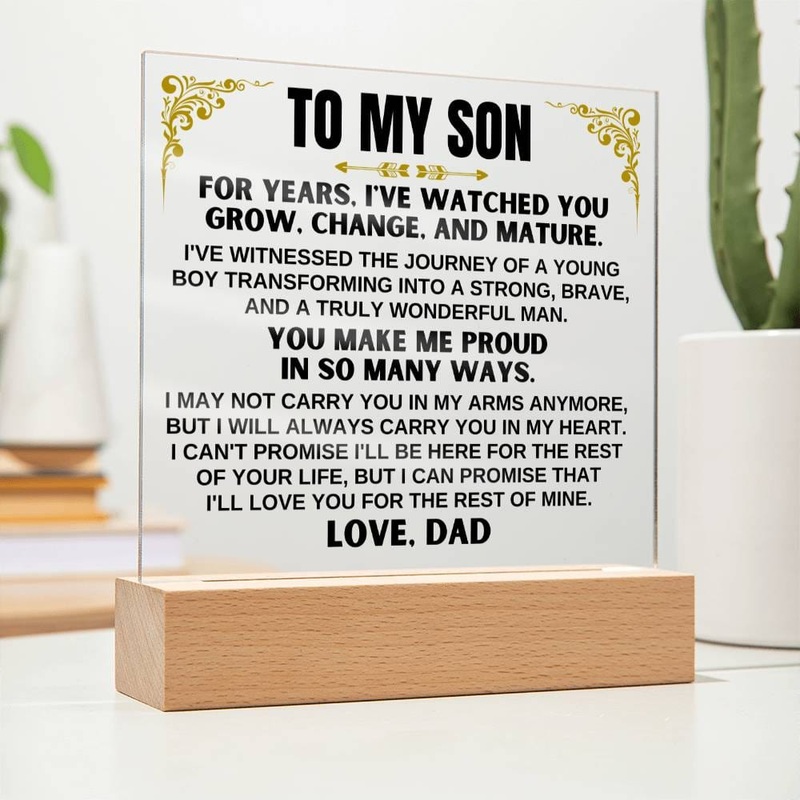 Unique Gift for Son from Dad – Acrylic Plaque with LED-Lit Wooden Base – AC35D