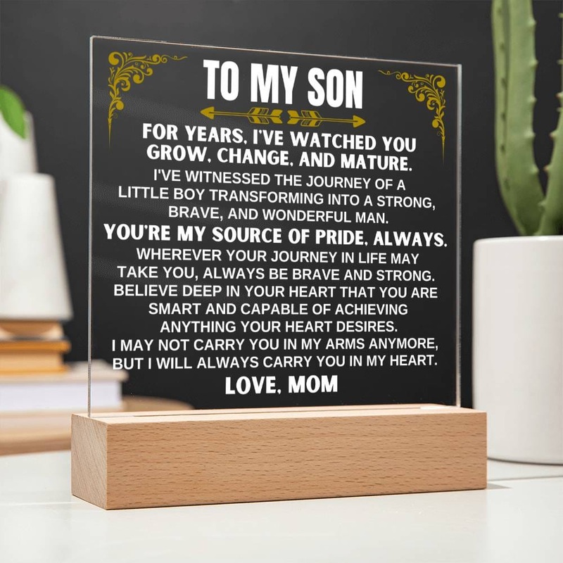 Unique Gift for Son from Mom – Acrylic Plaque with LED-Lit Wooden Base – AC32W