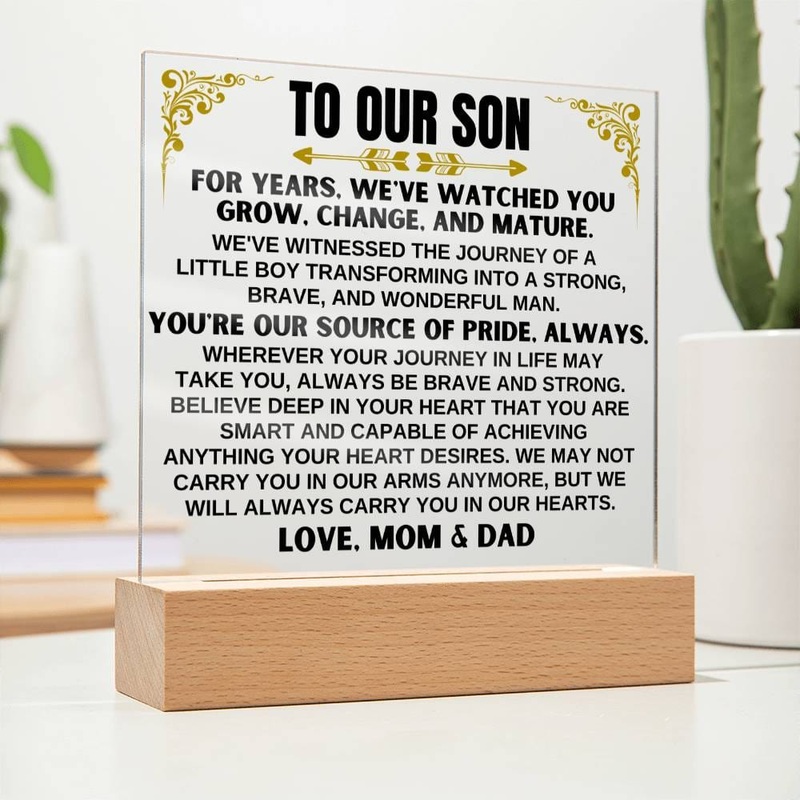 Unique Gift for Son from Mom & Dad – Acrylic Plaque with LED-Lit Wooden Base – AC32