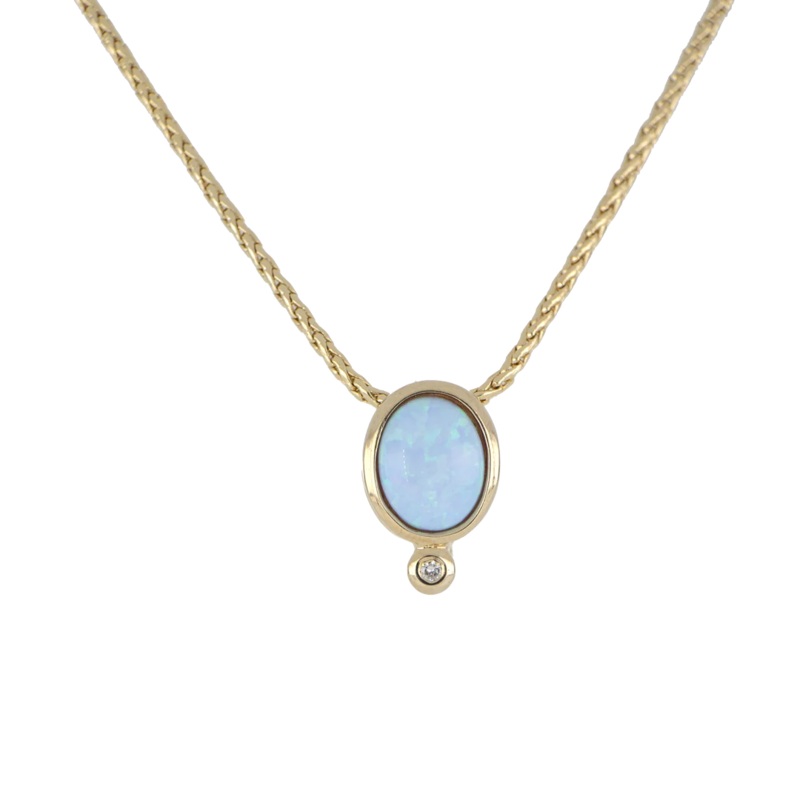 John Medeiros Opalas do Mar Collection – Blue Oval Opal Pendant with CZ on 16-18 Chain