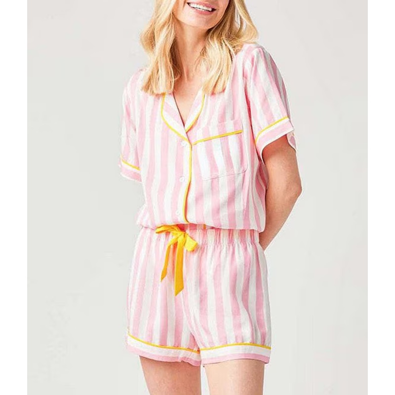 Katie Kime Retro Stripe Pajama Shorts Set in Pink