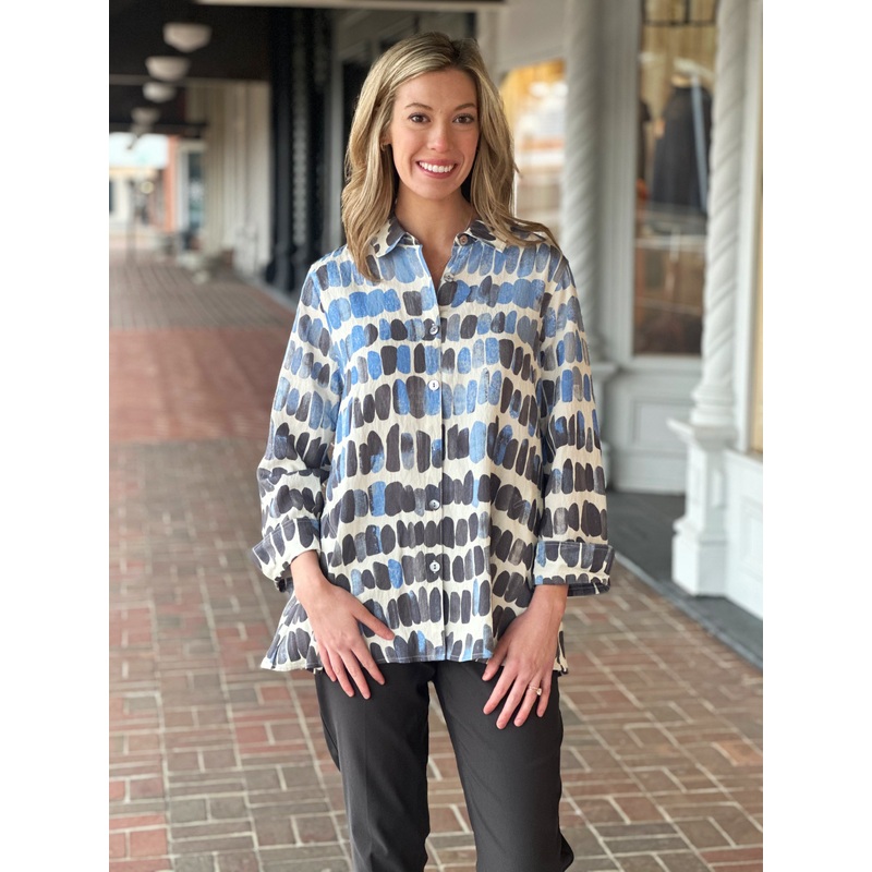 Multiples Turn-Up Cuff Button Front Blue Printed Top