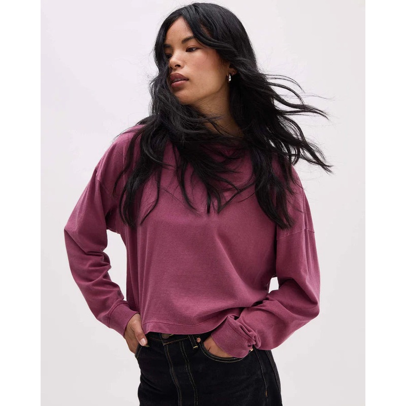 Richer Poorer Relaxed Crop Long Sleeve Tee in Burgundy