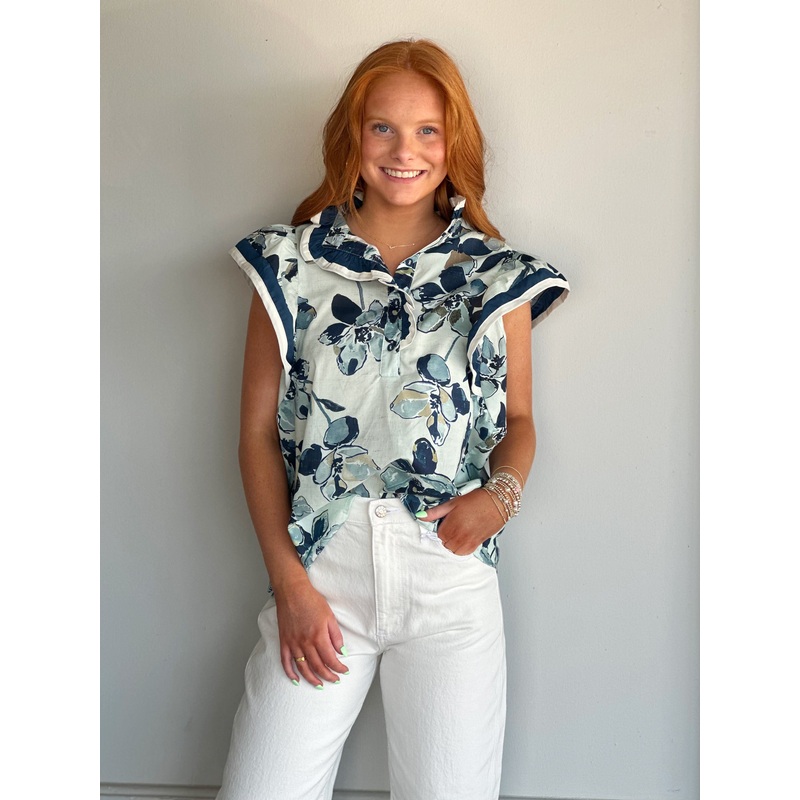Double Take Floral Printed Blue Top