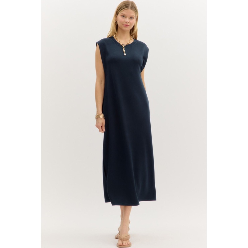 Dressed For The Drama Solid Midi Dress in Navy
