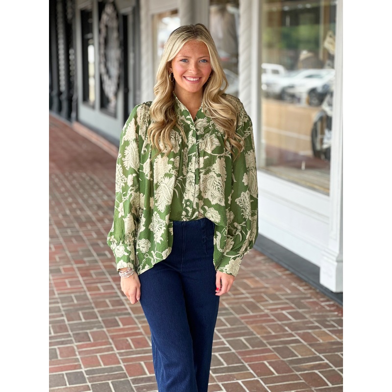 Green Floral Long Sleeve Top|S|M