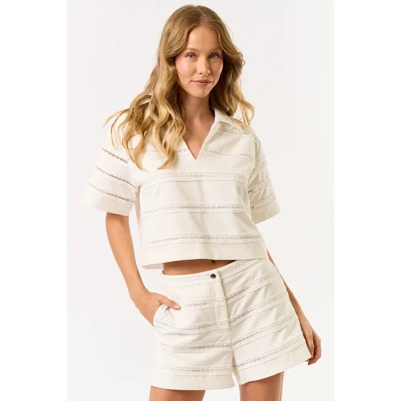 Off White Short Sleeve Top with Lace Trim Detail