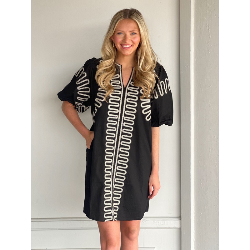 Puff Sleeve Embroidered Dress in Black