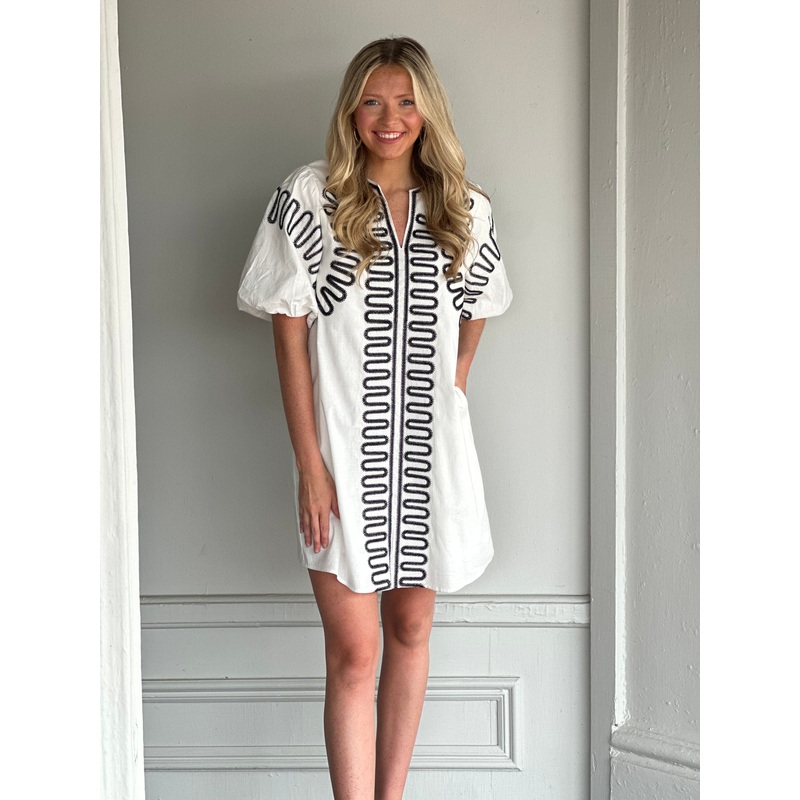 Puff Sleeve Embroidered Dress in White