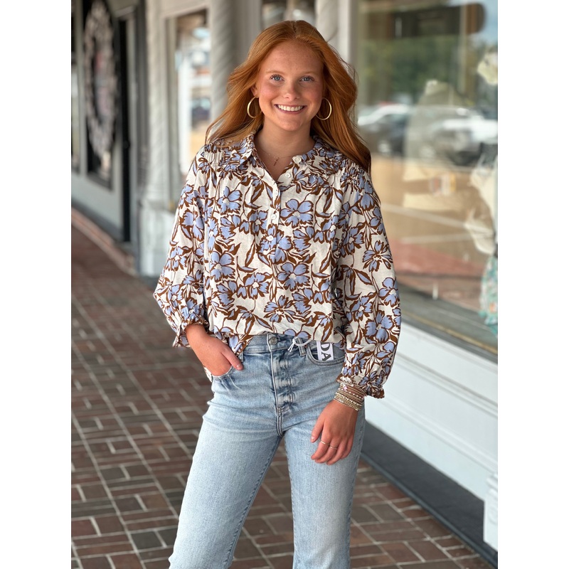 3/4 Sleeve Blue Floral Top|XS|S|M|L