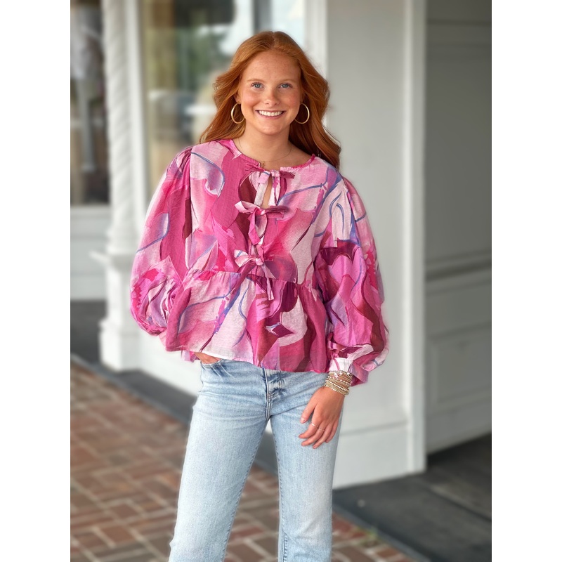 Bow Ties Peplum Floral Top in Hot Pink Mix