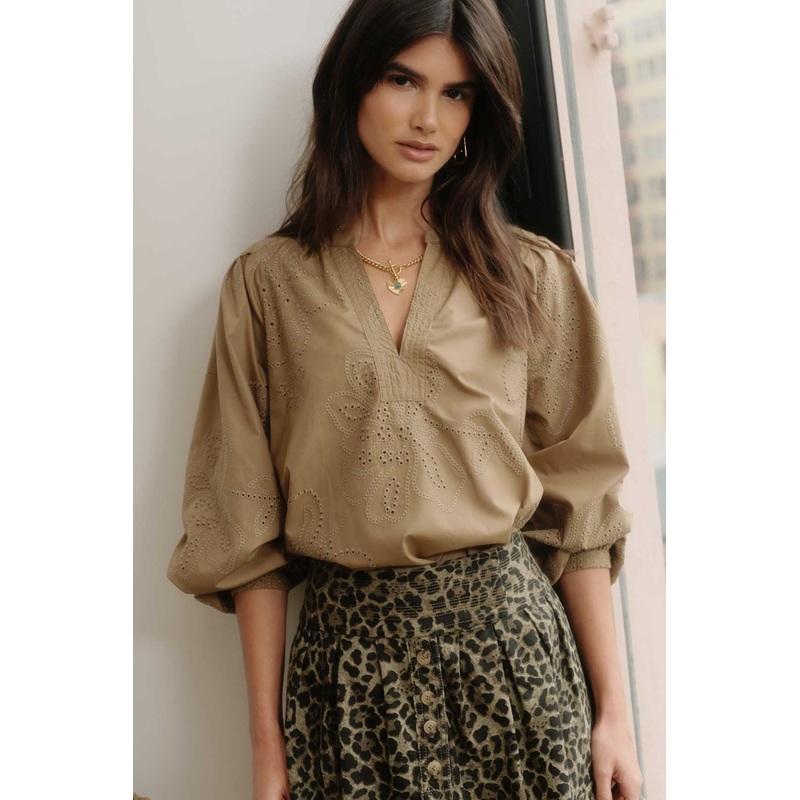 Embroidered Detail Long Sleeve Top in Olive Green