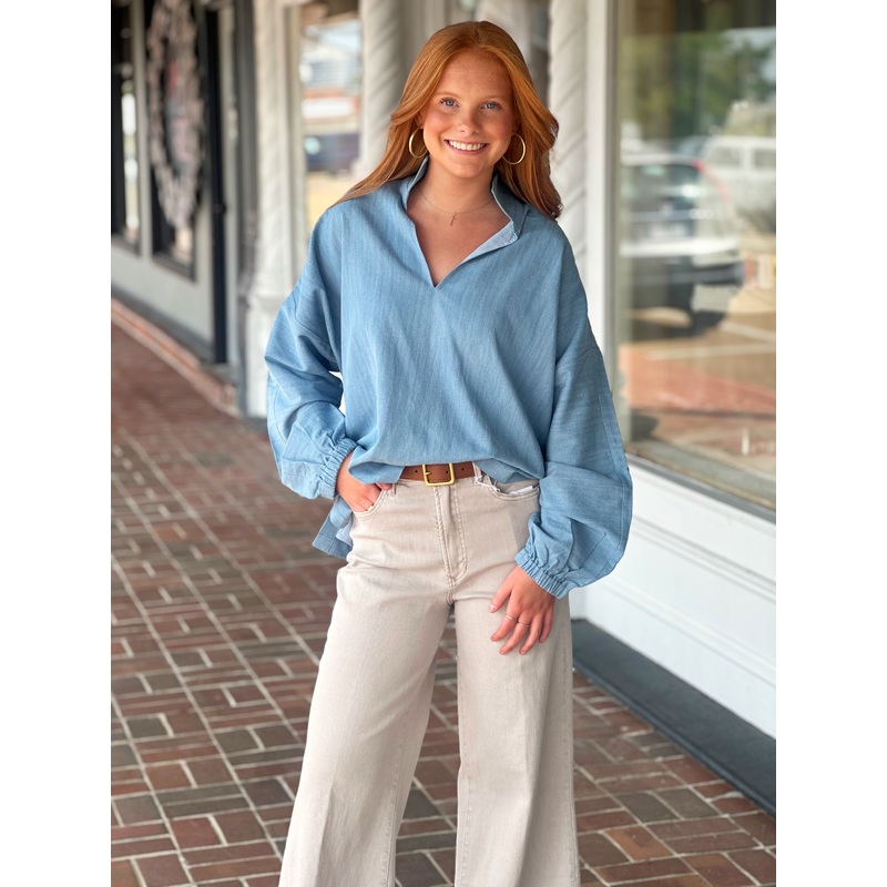 Emily Mccarthy Long Sleeve Poppy Top in Denim Chambray