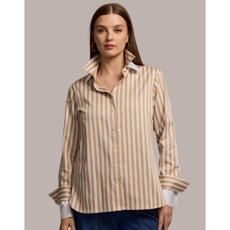 Hinson Wu Margot Long Sleeve Stripe Shirt in Ecru/Latte