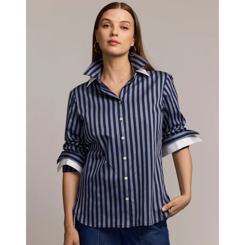 Hinson Wu Margot Long Sleeve Stripe Shirt in French Grey/Midnight