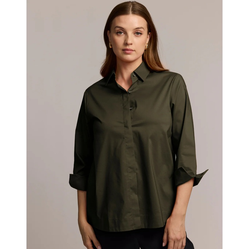Hinson Wu Xena 3/4 Sleeve Zip Back Shirt in Oregano