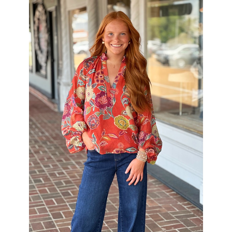 Long Sleeve Orange Floral Print Top