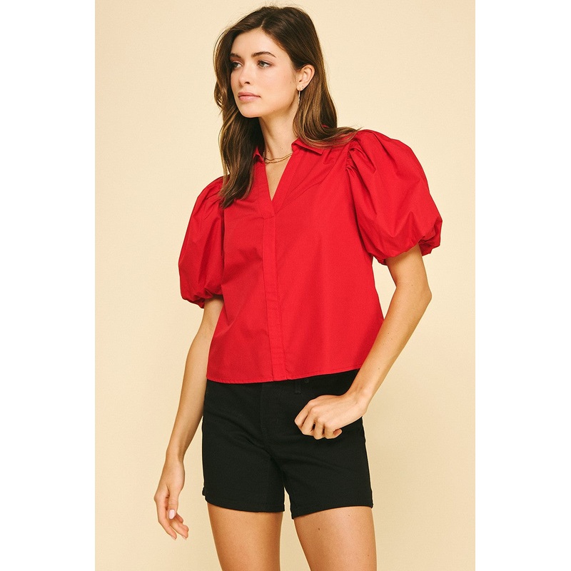 Red Bubble Sleeve Blouse Top|S|M|L