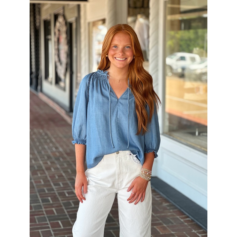 Try To Keep Up Blue Chambray Top