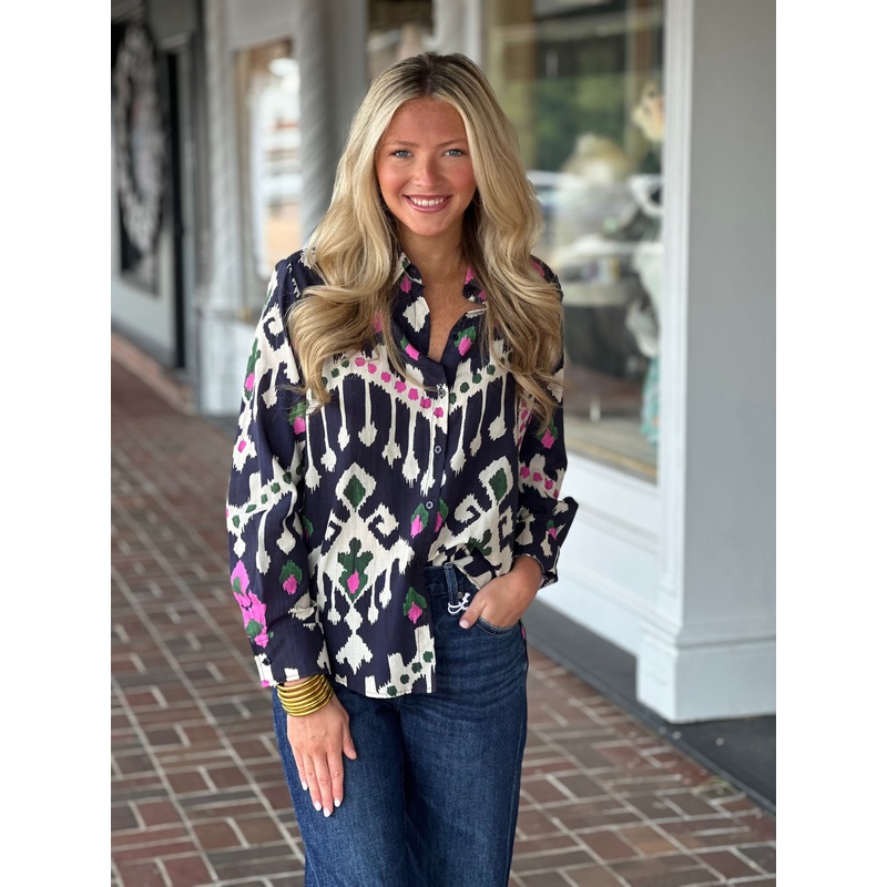 Vilagallo Gaby Ikat Top in Navy