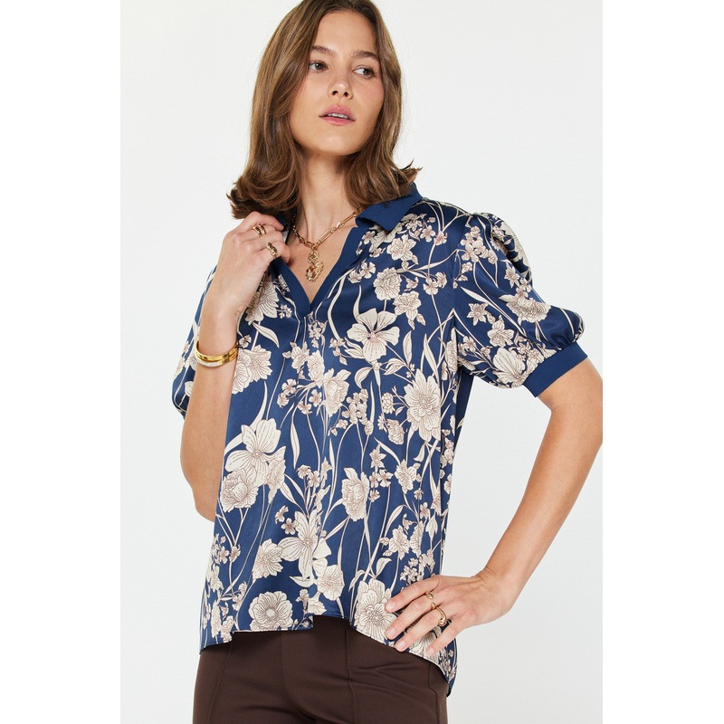 Floral Printed Short Sleeve Navy Top