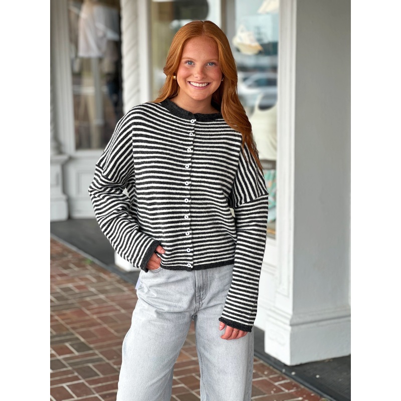 Mini Striped Piper Cardigan in Charcoal