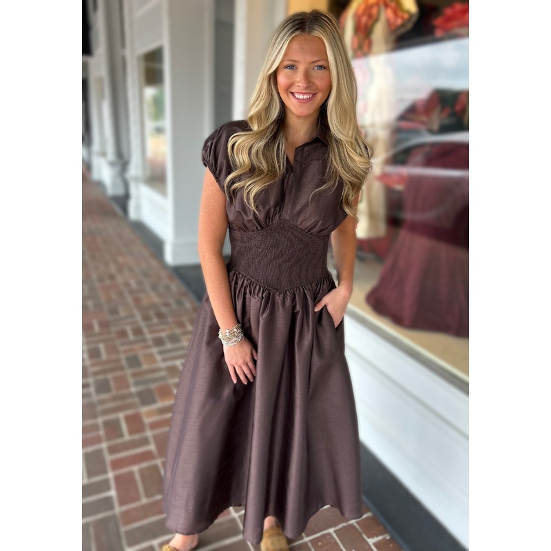 Trevy Smocked Waist Midi Dress in Brown