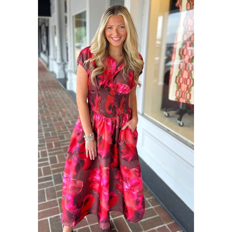 Trevy Smocked Waist Midi Dress in Pink Watercolor Floral