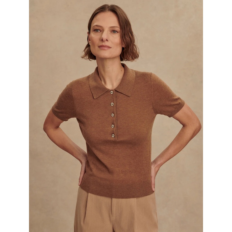 Varley Toni Fine Knit Polo in Deep Sand