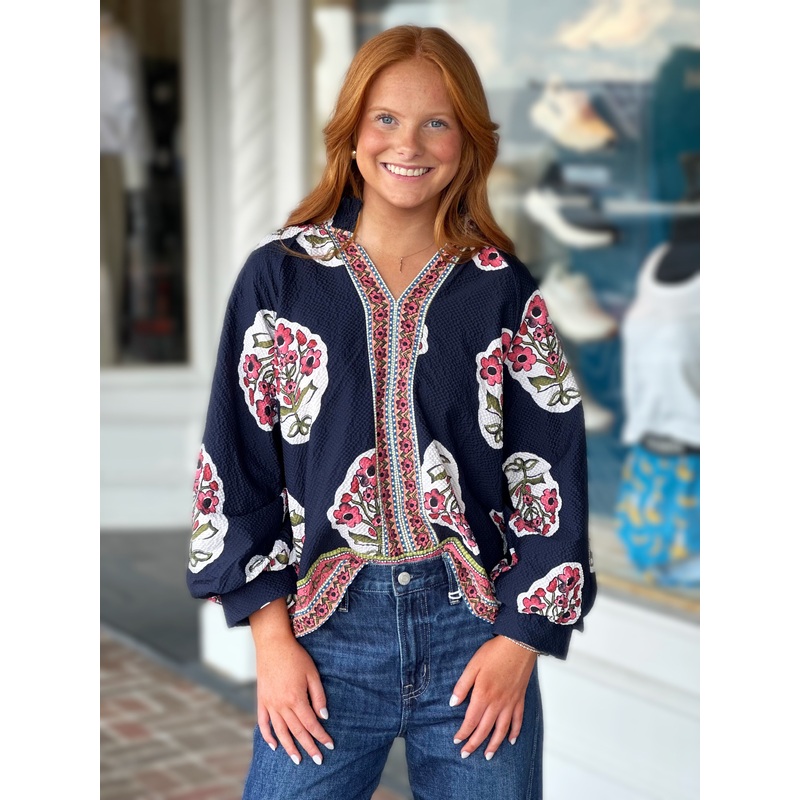 Boho Floral Neck Printed Navy Top