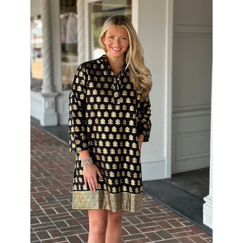 Jude Connally Helen Dress in Foulard Border Black Gold