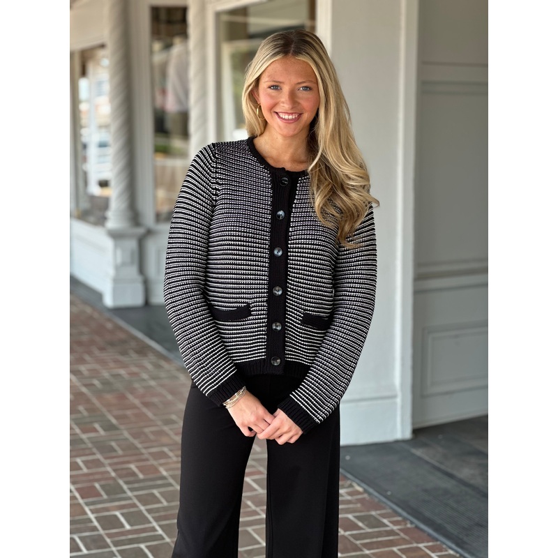 Michael Stars Kaden Crewneck Cardigan in Black/Ivory