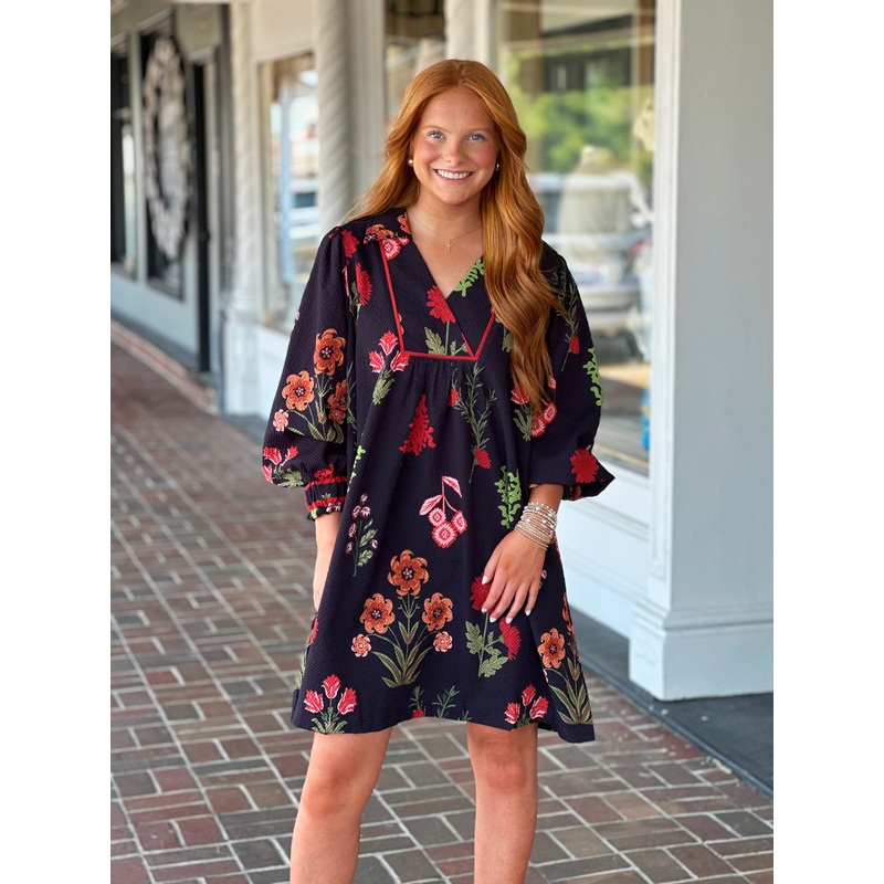 Mixed Floral Shift Dress in Black