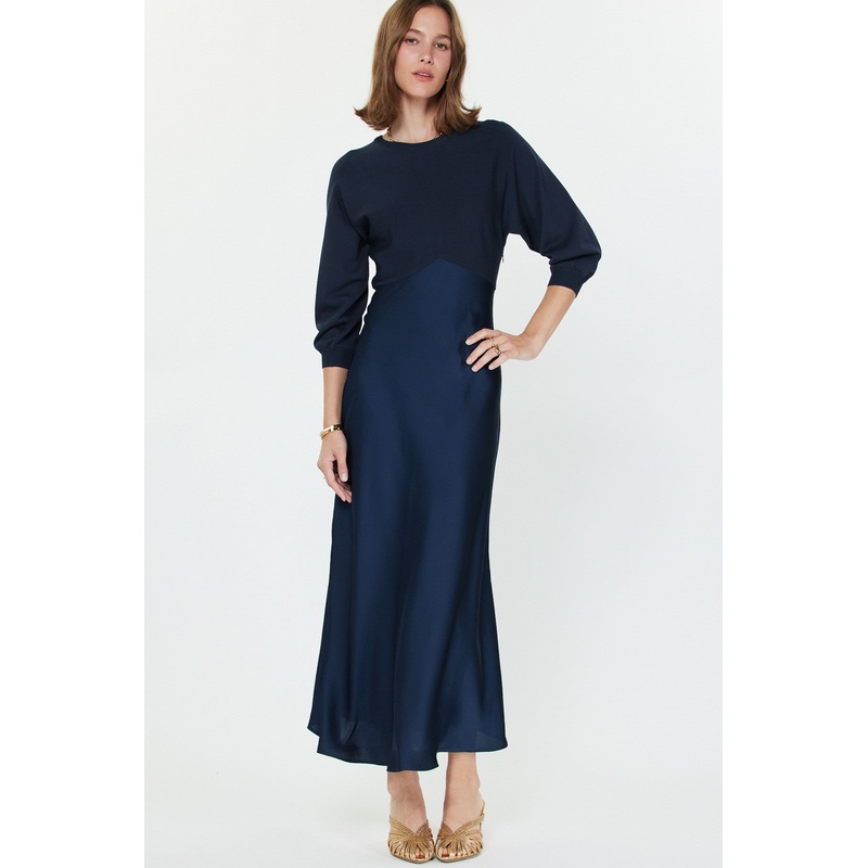 Mixed Media Navy Midi Dress|XS|S|M|L