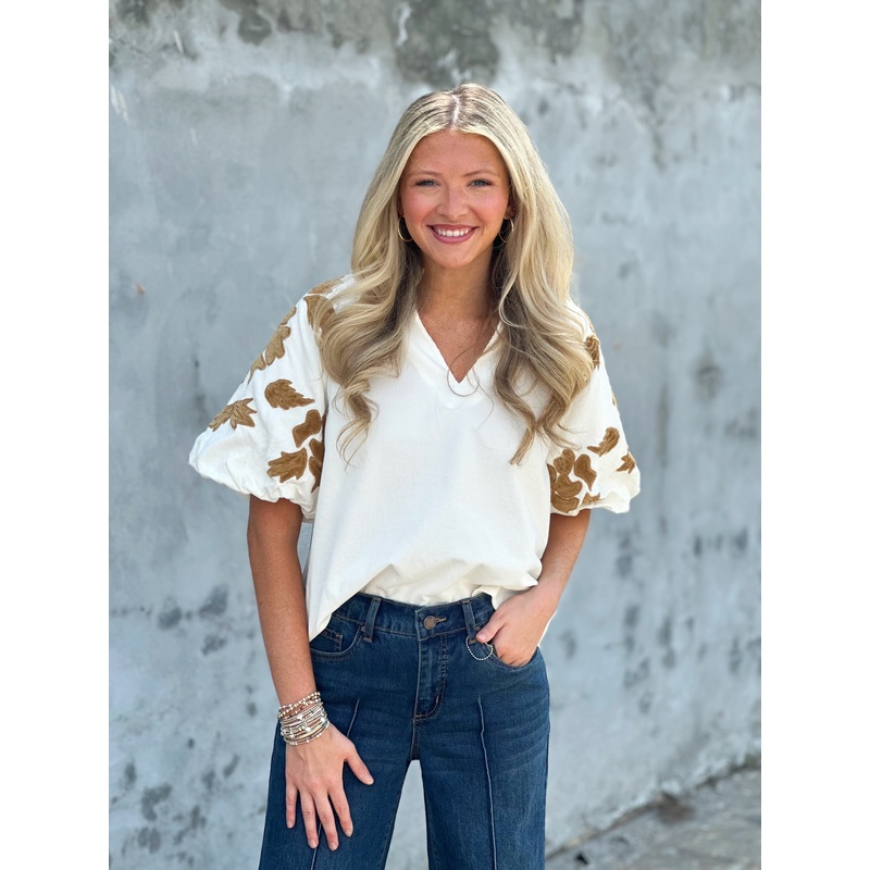 Puff Floral Sleeve Cream Top|XS|S|M|L