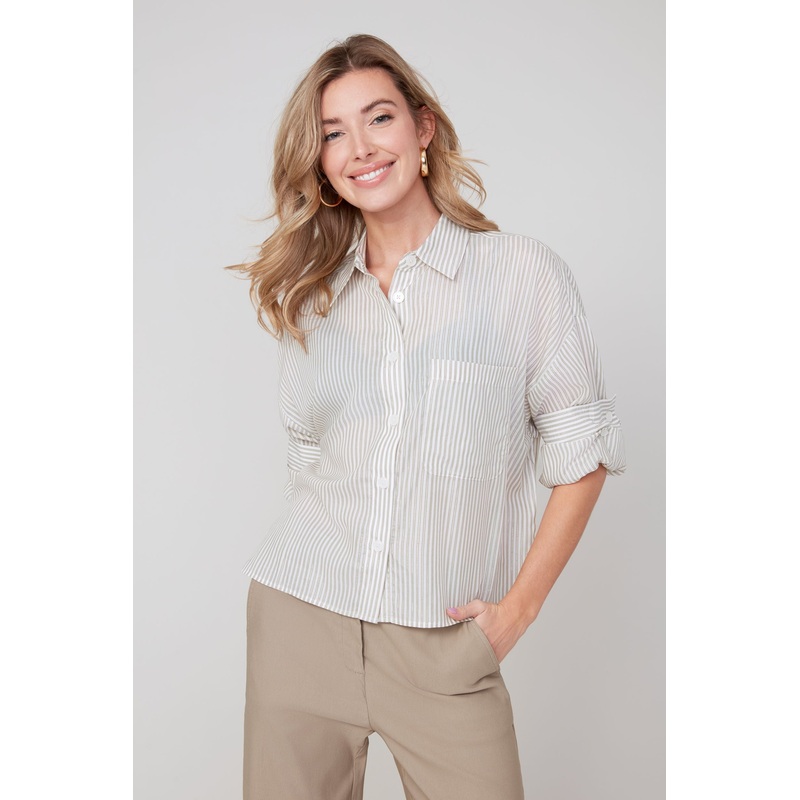 Renuar Striped Button Down in Twig Combo