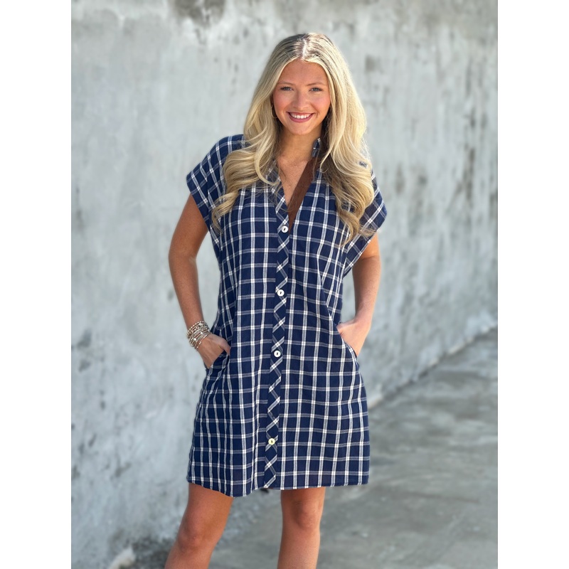 Short Sleeve Navy Gingham Dress