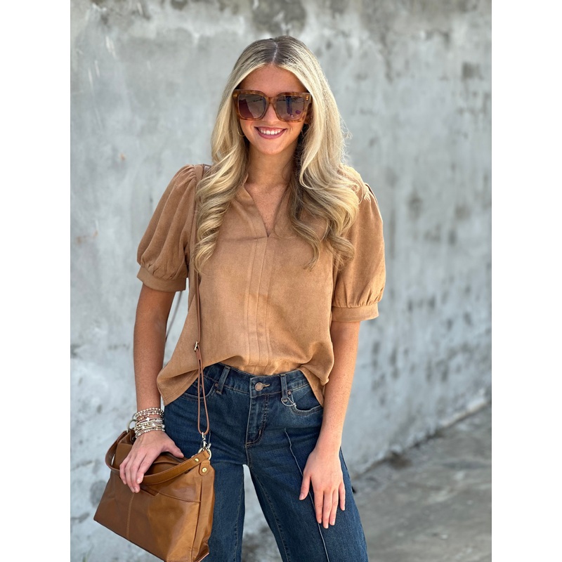 Short Sleeve Tan Suede Top|XS|S|M|L